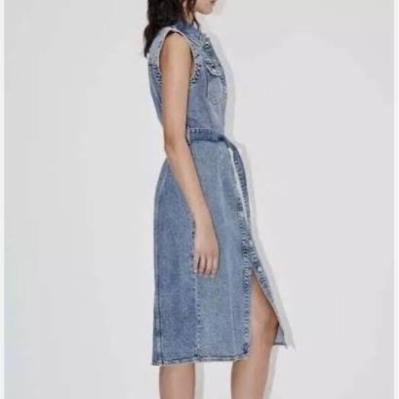 ZARA NEW WOMAN SS23 MID-BLUE DENIM MIDI DRESS - Picture 3 of 6